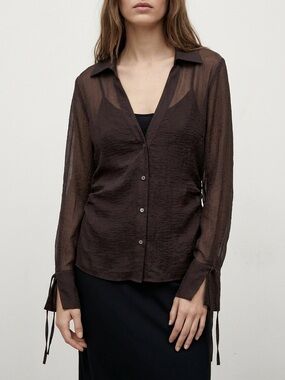 Zara Semi-Sheer Textured Blouse Dark Chocolate Brown with Tied Cuffs Large